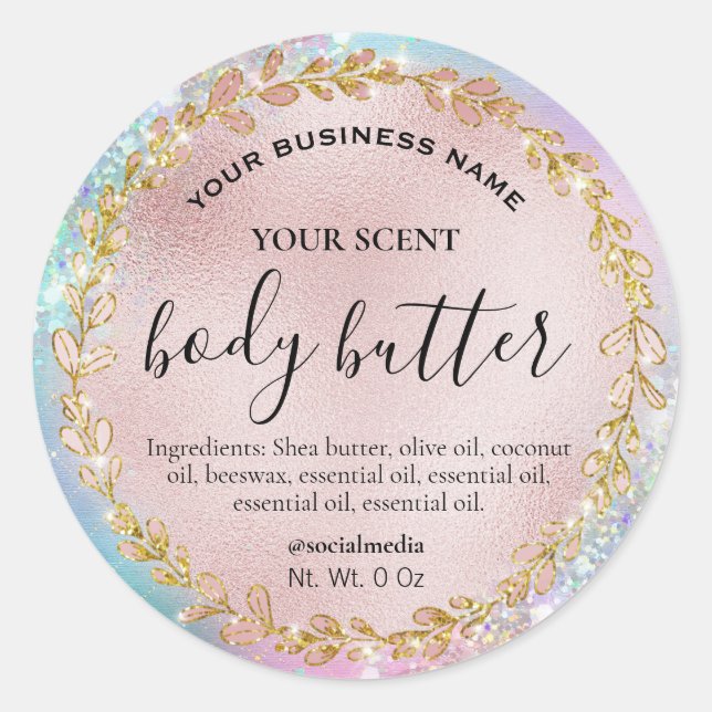 Holographic Pastel Glitzer Rose Gold Body Butter Runder Aufkleber (Vorderseite)