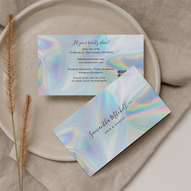 Holographic QR Code Beautician Makeup Artist Visitenkarte (Modern QR Code Holographic Script Euro Business Card)
