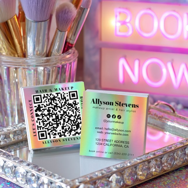 Holographic Rainbow Bold QR Code Hair & Makeup Quadratische Visitenkarte (Holographic Rainbow Bold QR Code Hair & Makeup Square Business Card)