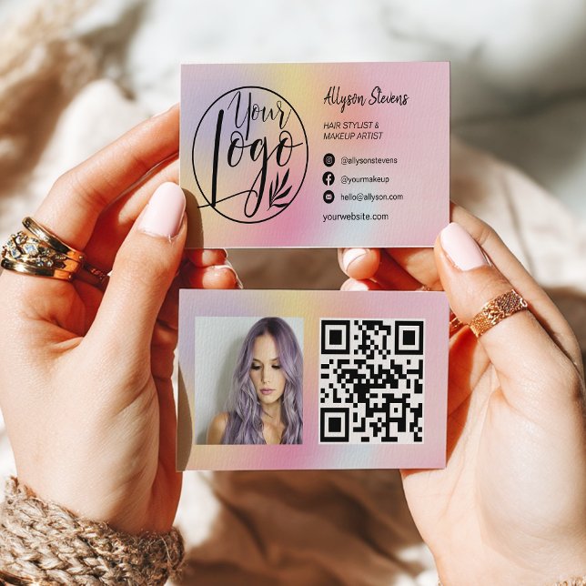 Holographic rainbow hair makeup photo logo qr code visitenkarte (Holographic rainbow hair makeup photo logo qr code business card)
