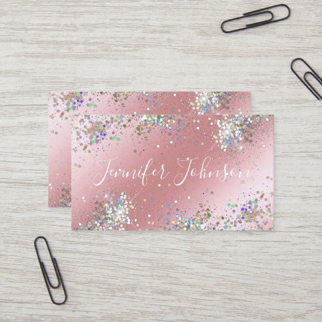Holographic Rose Gold Glitzer Makeup Artist Girly Visitenkarte (Vorderseite/Rückseite Beispiel)