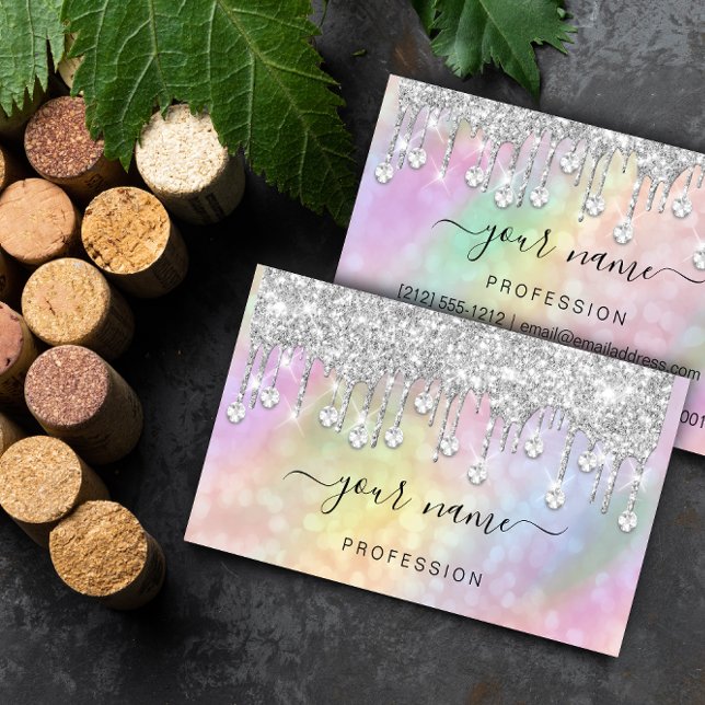 Holographic Silver Glitzer Tropfens Makeup Artist Visitenkarte (Holographic Silver Glitter Drips Makeup Artist Business Card)