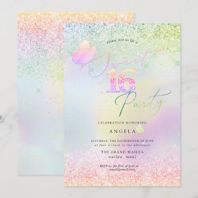 Holographic Sweet 16 Pink Diamond Glitzer Einladung (Vorne/Hinten)