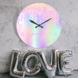 Holographic unicorn glitter drip rainbow monogram große wanduhr