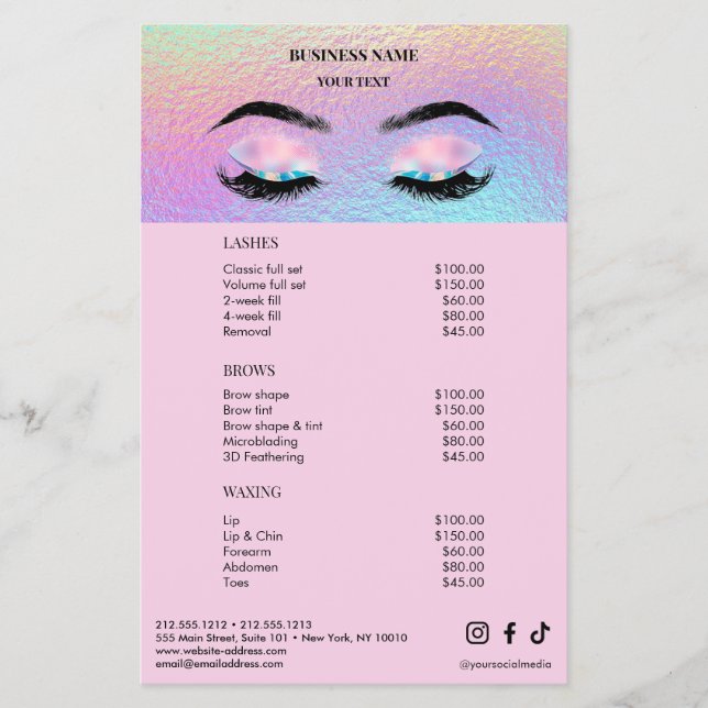 Holographic Wimpernsalon-Preisliste Menü (Vorne)