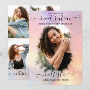 Holographische Foil Halo Foto Collage Sweet 16 Einladung