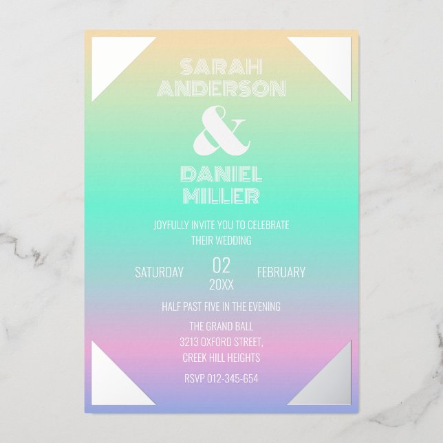Holographische Gradient Silver Foil Rahmen Wedding Folieneinladung (Vorderseite)
