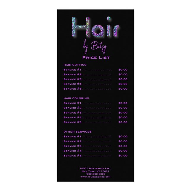 Holographische Neon Glitzer Hair Stylist Rack Card Werbekarte (Vorne)