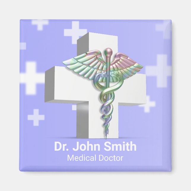 Holographisches Medizin 3D Caduceus Weißes Kreuz Magnet (Vorne)