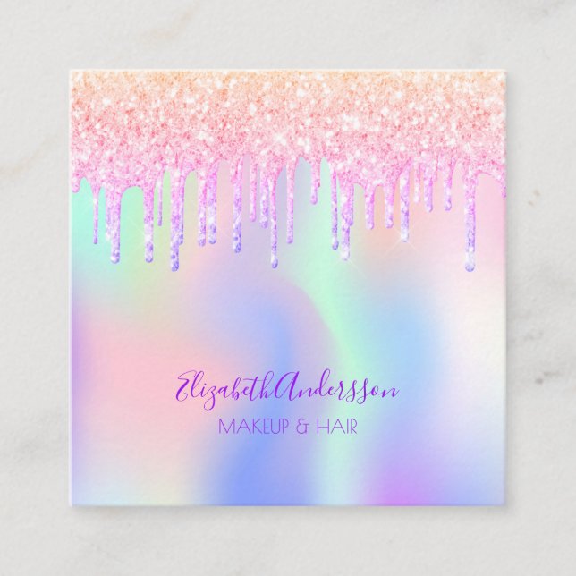 Holograpisches Einhorn Glitzer Tropfen Glam Make-u Quadratische Visitenkarte (Vorderseite)