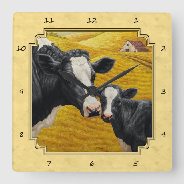 Holstein Cow and Calf Farm Yellow Quadratische Wanduhr (Vorderseite)