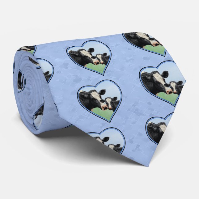 Holstein Cow and Cute Calf Blue Heart Krawatte (Gerollt)