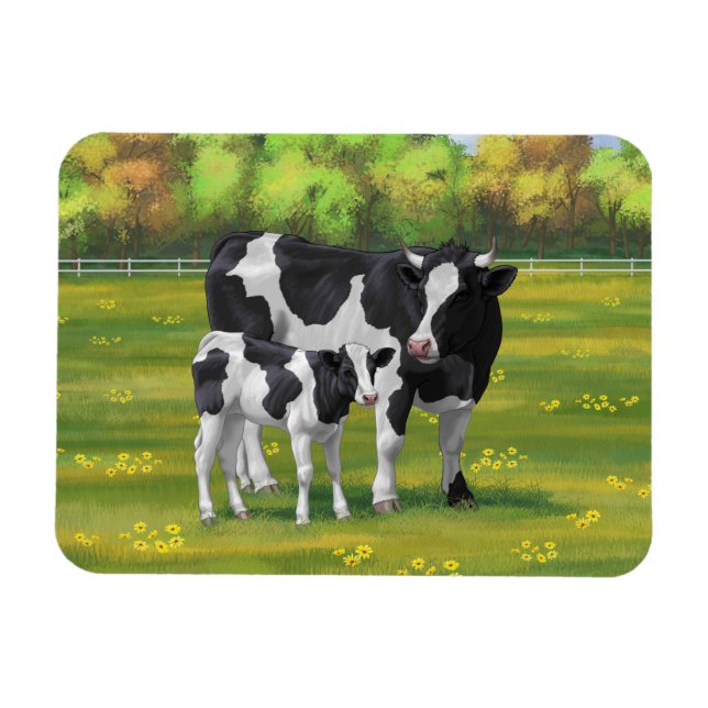 Holstein Cow & Cute Calf in Summer Pasture Magnet (Horizontal)