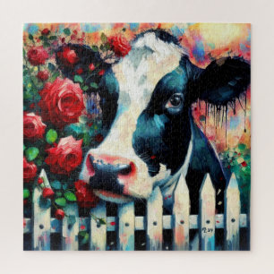Holstein Cow Picket Fence Rote Rosen Black Red