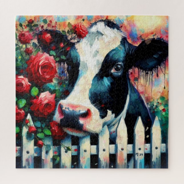 Holstein Cow Picket Fence Rote Rosen Black Red (Vertikal)
