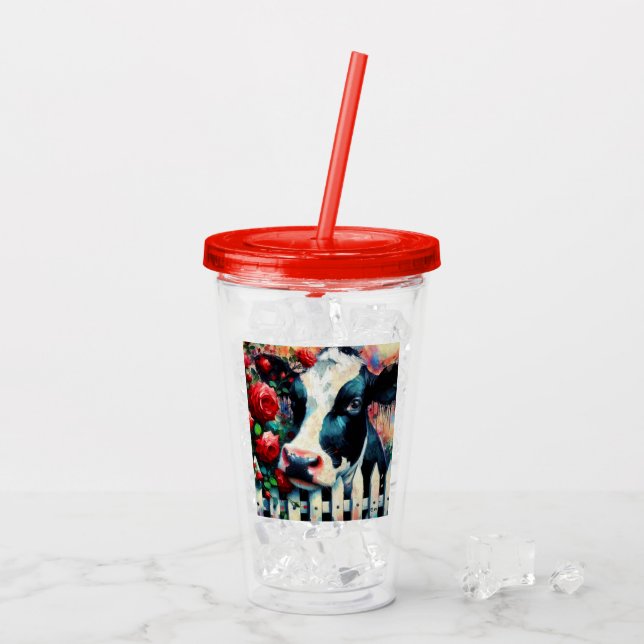Holstein Cow Picket Fence Rote Rosen Black Red Acryltrinkbecher (Rückseite Ice)