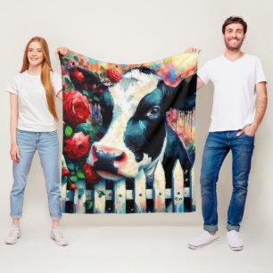 Holstein Cow Picket Fence Rote Rosen Black Red Fleecedecke