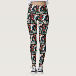 Holstein Cow Picket Fence Rote Rosen Black Red Leggings