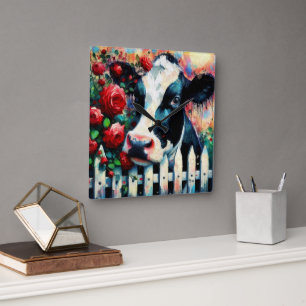Holstein Cow Picket Fence Rote Rosen Black Red Quadratische Wanduhr