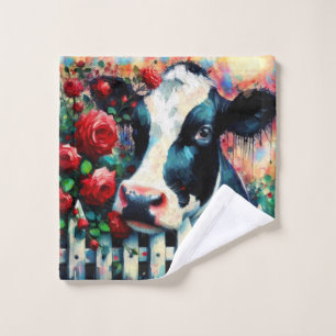 Holstein Cow Picket Fence Rote Rosen Black Red Waschlappen