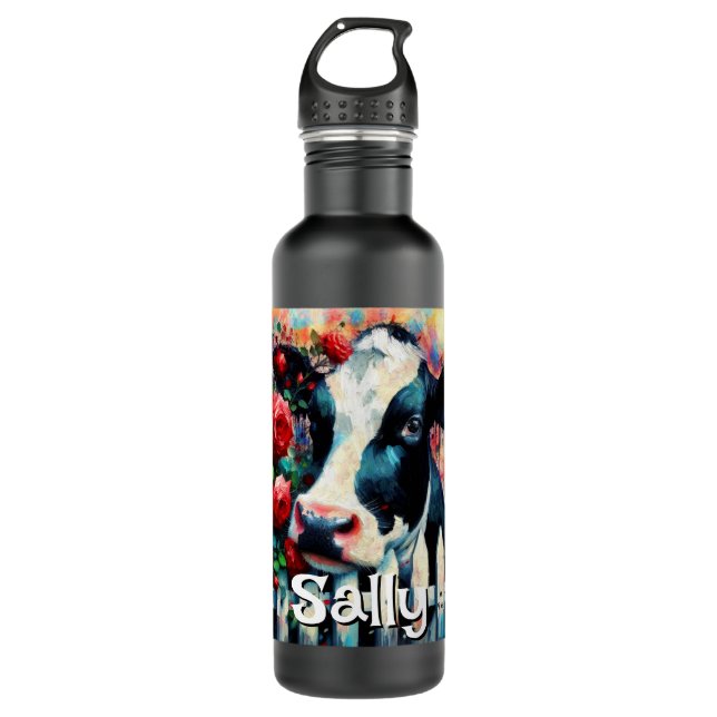 Holstein Cow Picket Fence Rote Rosen Personalisier Edelstahlflasche (Vorderseite)
