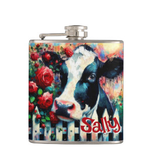 Holstein Cow Picket Fence Rote Rosen Personalisier Flachmann