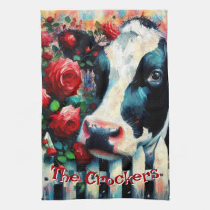 Holstein Cow Picket Fence Rote Rosen Personalisier Geschirrtuch
