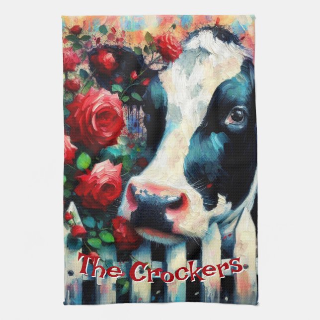 Holstein Cow Picket Fence Rote Rosen Personalisier Geschirrtuch (Vertikal)