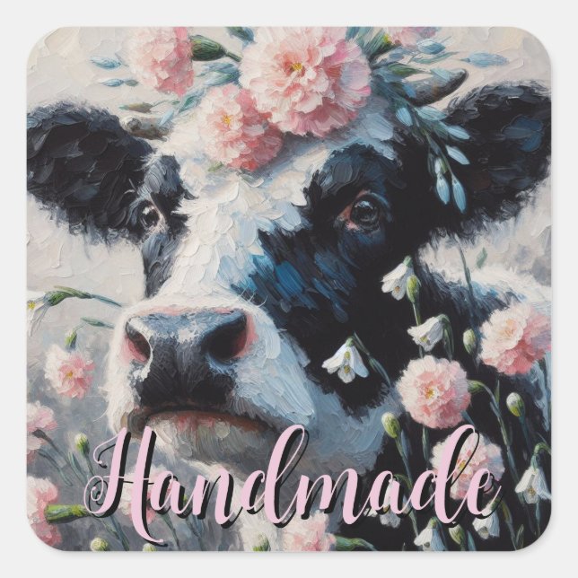 Holstein Kuh in Blume Bauernhof Malerei Quadratischer Aufkleber (Vorderseite)