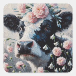 Holstein Kuh in Blume Bauernhof Malerei Quadratischer Aufkleber