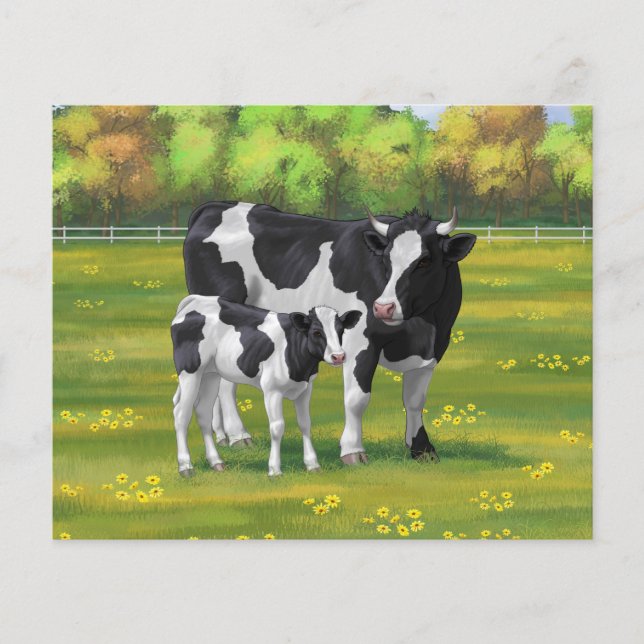 Holstein Kuh & Niedliches Kalb im Sommer Weide (Vorderseite)