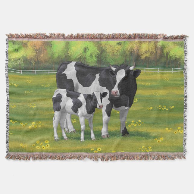 Holstein Kuh & Niedliches Kalb im Sommer Weide Decke (Vorderseite)