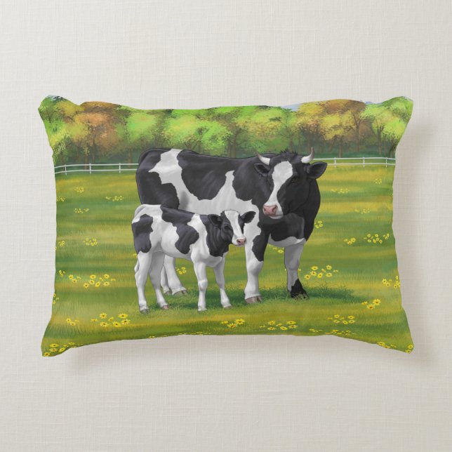 Holstein Kuh & Niedliches Kalb im Sommer Weide Dekokissen (Vorderseite)