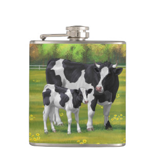 Holstein Kuh & Niedliches Kalb im Sommer Weide Flachmann