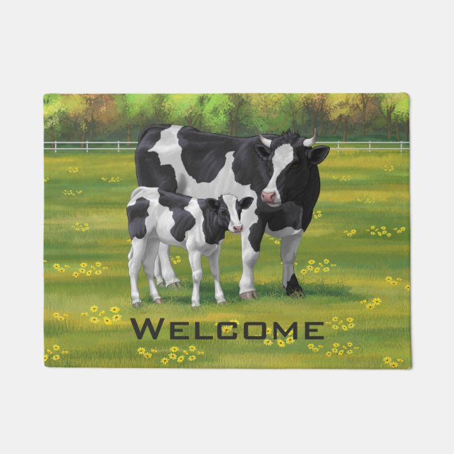 Holstein Kuh & Niedliches Kalb im Sommer Weide Fußmatte (Vorderseite)