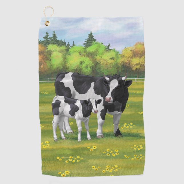 Holstein Kuh & Niedliches Kalb im Sommer Weide Golfhandtuch (Vorderseite)