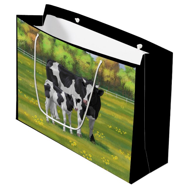 Holstein Kuh & Niedliches Kalb im Sommer Weide Große Geschenktüte (Vorderseite Schrägansicht)