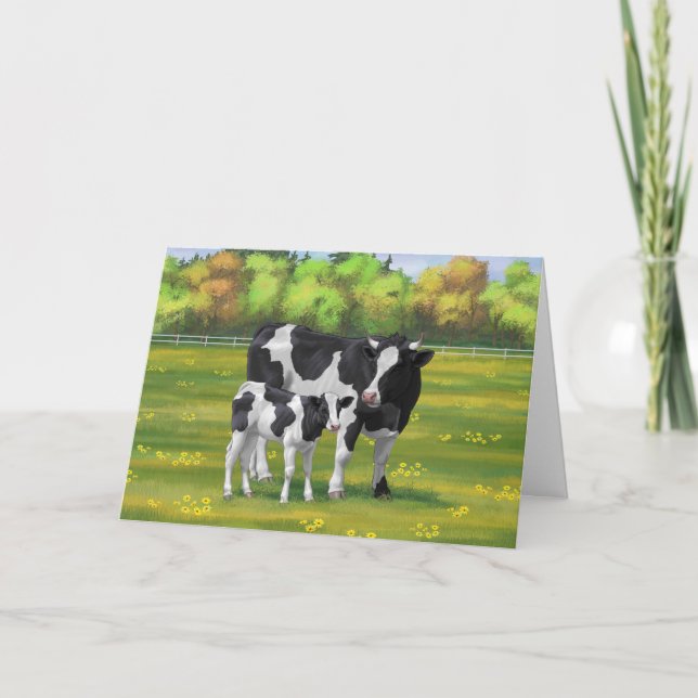 Holstein Kuh & Niedliches Kalb im Sommer Weide Karte (Vorderseite)