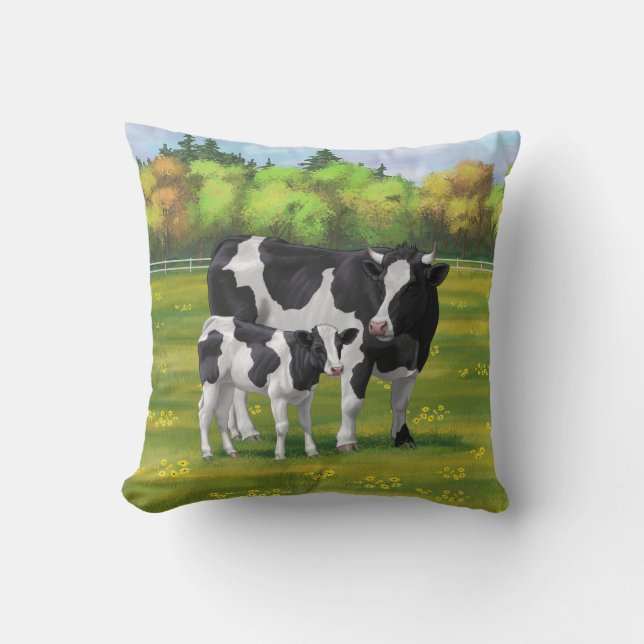 Holstein Kuh & Niedliches Kalb im Sommer Weide Kissen (Vorderseite)