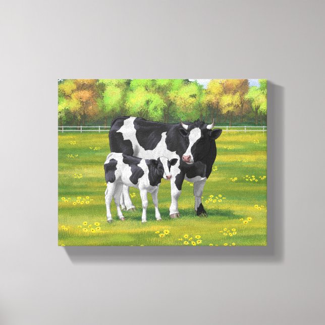 Holstein Kuh & Niedliches Kalb im Sommer Weide Leinwanddruck (Vorderseite)