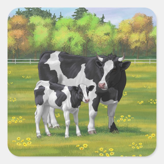 Holstein Kuh & Niedliches Kalb im Sommer Weide Quadratischer Aufkleber (Vorderseite)
