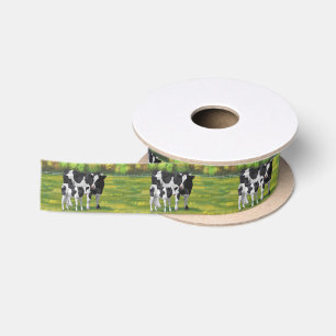 Holstein Kuh & Niedliches Kalb im Sommer Weide Satinband