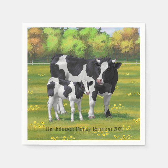 Holstein Kuh & Niedliches Kalb im Sommer Weide Serviette (Vorderseite)
