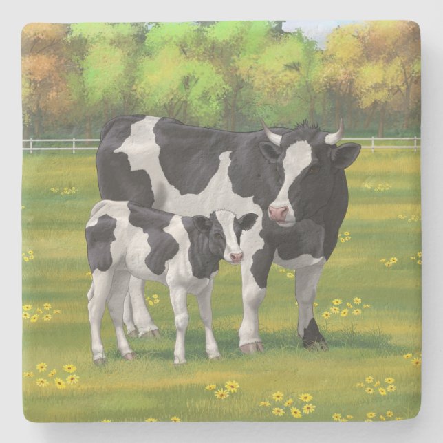 Holstein Kuh & Niedliches Kalb im Sommer Weide Steinuntersetzer (Vorderseite)