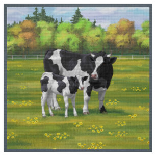 Holstein Kuh & Niedliches Kalb im Sommer Weide Stoff