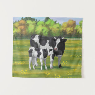 Holstein Kuh & Niedliches Kalb im Sommer Weide Wandteppich