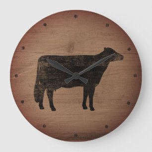 Holstein-Kuh-Silhouette-Imitat verwittertes Holz Große Wanduhr