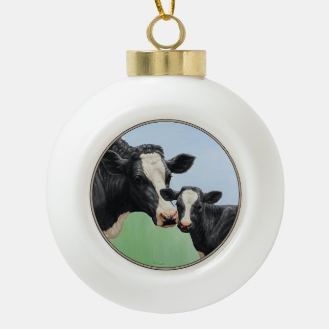 Holstein Kuh und Kalb Keramik Kugel-Ornament (Vorderseite)