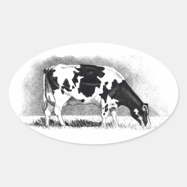 Holstein Kuh: Zeichnend Bleistift: Bauernhof, Land Ovaler Aufkleber (Vorderseite)