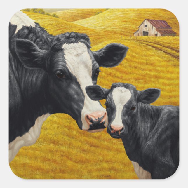 Holstein Kühe und alter Holzstall Quadratischer Aufkleber (Vorderseite)